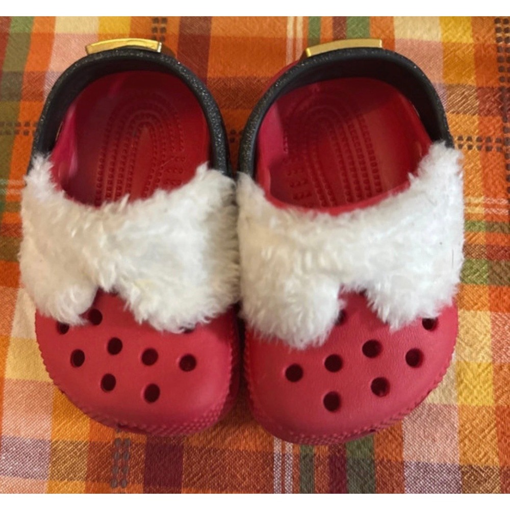 Baby Santa Claus size 2 red Croc shoes white fur trim & gold glittery black stra